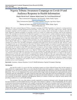 Nigeria Tribune Awareness Campaign on Covid-19 and Audience Response to Health Information Olagoke Olawale Israel1, Jolapamo, Bolanle Samuel2, Dr