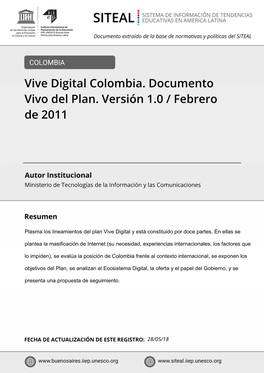 Vive Digital Colombia. Documento Vivo Del Plan. Versión 1.0 / Febrero De 2011