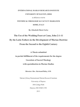 The Use of the Wedding Feast at Cana, John 2:1-11 by the Latin Fathers in the Devt:Lopment of Marian Doctrine from the Second to the Eighth Century