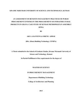 Kwame Nkrumah University of Science and Technology, Kumasi an Assessment of Benefits Management Practices of Public Procurement