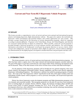 Current and Near-Term RLV/Hypersonic Vehicle Programs