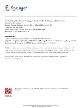 Re-Thinking the Human: Heidegger, Fundamental Ontology, and Humanism Author(S): Gavin Rae Source: Human Studies, Vol