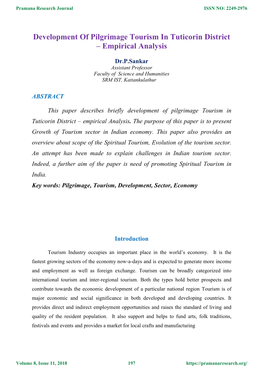 Development of Pilgrimage Tourism in Tuticorin District – Empirical Analysis