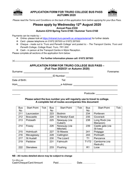 Application Form for Truro College Bus Pass Autumn 2020