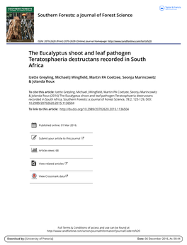 The Eucalyptus Shoot and Leaf Pathogen Teratosphaeria Destructans Recorded in South Africa