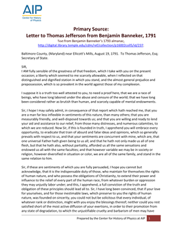 Letter to Thomas Jefferson from Benjamin Banneker, 1791