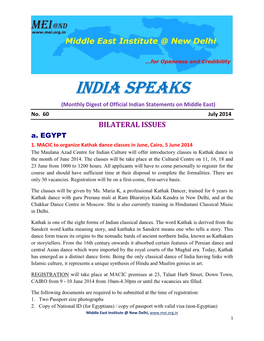 India Speaks (Monthly Digest of Official Indian Statements on Middle East) No