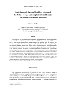 Socio-Economic Factors That Have Influenced the Decline of Sago Consumption in Small Islands: a Case in Rural Maluku, Indonesia