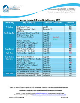 Master Nunavut Cruise Ship Itinerary 2019