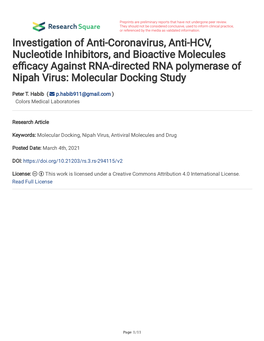Investigation of Anti-Coronavirus, Anti-HCV, Nucleotide Inhibitors, and Bioactive Molecules E Cacy Against RNA-Directed RNA Poly