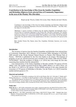 Diptera) from Selected Sites of Community Importance in the Area of the Pieniny Mts (Slovakia)