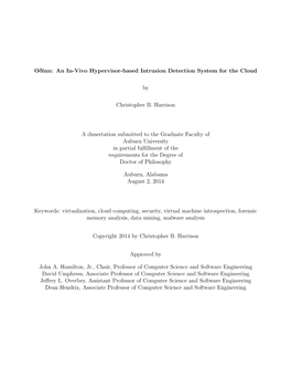 Odinn: an In-Vivo Hypervisor-Based Intrusion Detection System for the Cloud by Christopher B. Harrison a Dissertation Submitted