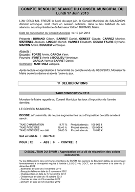 COMPTE RENDU DE SEANCE DU CONSEIL MUNICIPAL DU Lundi 17 Juin 2013