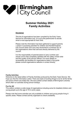 Summer Holiday 2021 Family Activities