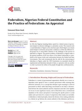 Federalism, Nigerian Federal Constitution and the Practice of Federalism: an Appraisal