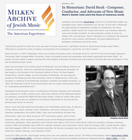 Newsroom - Milken Archive of Jewish Music - in Memoriam: David Stock - Composer, Conductor, and Advocate of New Music