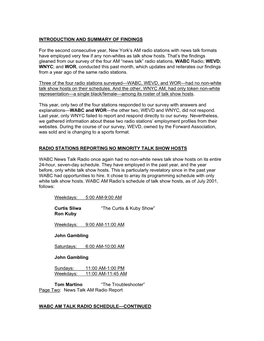 INTRODUCTION and SUMMARY of FINDINGS for the Second Consecutive Year, New York's AM Radio Stations with News Talk Formats Have