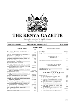 THE KENYA GAZETTE Published by Authority of the Republic of Kenya (Registered As a Newspaper at the G.P.O.)