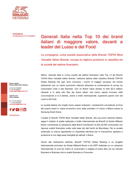 Generali Italia Nella Top 10 Dei Brand Italiani Di Maggiore Valore, Davanti a Leader Del Lusso E Del Food