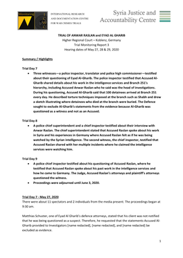 1 TRIAL of ANWAR RASLAN and EYAD AL GHARIB Higher Regional Court – Koblenz, Germany Trial Monitoring Report 3 Hearing Dates Of