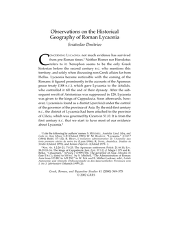 Observations on the Historical Geography of Roman Lycaonia Sviatoslav Dmitriev