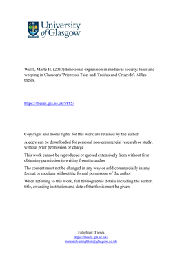 Wulff, Marte H. (2017) Emotional Expression in Medieval Society: Tears and Weeping in Chaucer's 'Prioress's Tale' and 'Troilus and Criseyde'