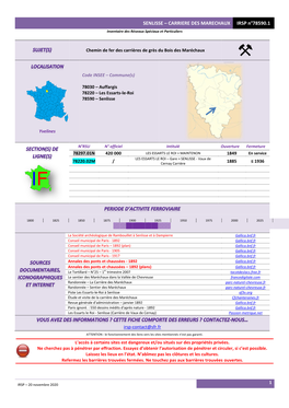 SENLISSE – CARRIERE DES MARECHAUX IRSP N°78590.1 Inventaire Des Réseaux Spéciaux Et Particuliers