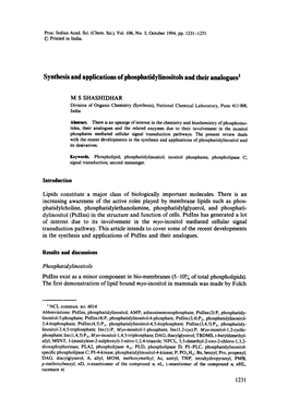 Synthesis and Applications of Phosphatidylinositols and Their Analogues I