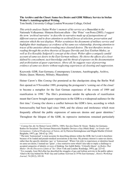 Same-Sex Desire and GDR Military Service in Stefan Wolter’S Autobiographical Writing Tom Smith, University College London/Worcester College, Oxford