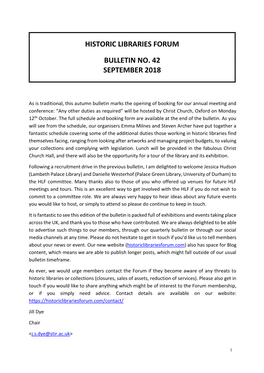 Historic Libraries Forum Bulletin No. 42 September 2018