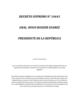 Decreto Supremo N° 14641 Gral. Hugo Banzer Suarez