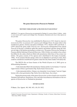 The Genus Hymenachne (Poaceae) in Thailand the Genus Hymenachne Was Established by Beauvois in 1812, Based on Agrostis Monostach