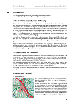 IV. BEGRÜNDUNG Zum Bebauungsplan „Erweiterung Gewerbegebiet Erlenbach“ Und Den Örtlichen Bauvorschriften Zum Bebauungsplan