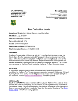 News Release Dam Fire Incident Update