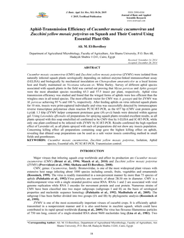 Aphid-Transmission Efficiency of Cucumber Mosaic Cucumovirus and Zucchini Yellow Mosaic Potyvirus on Squash and Their Control Using Essential Plant Oils