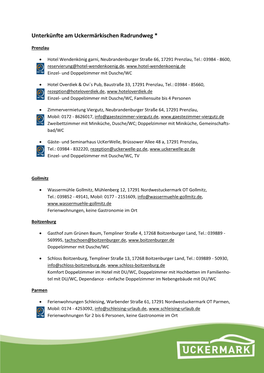 Eine Auflistung Der Unterkünfte Am Uckermärkischen Radrundweg