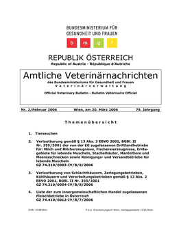 Amtliche Veterinärnachrichten Des Bundesministeriums Für Gesundheit Und Frauen V E T E R I N Ä R V E R W a L T U N G