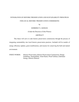 INTEGRATION of HISTORIC PRESERVATION and SUSTAINABILITY PRINCIPLES for LOCAL HISTORIC PRESERVATION COMMISSIONS by KIMBERLY L. KO