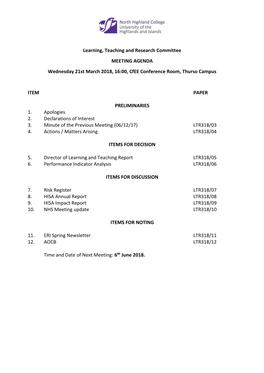 Learning, Teaching and Research Committee MEETING AGENDA