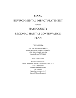 Final Hays County Regional Habitat Conservation Plan Environmental Impact Statement May 1, 2010