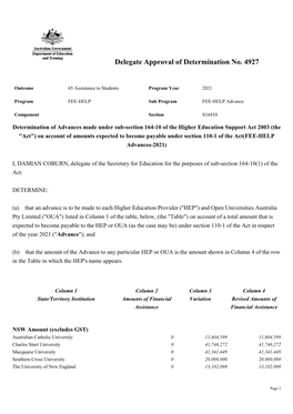 Delegate Approval of Determination No. 4927