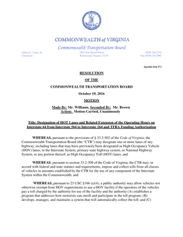 Designation of HOT Lanes and Related Extension of the Operating Hours on Interstate 64 from Interstate 564 to Interstate 264 and TFRA Funding Authorization