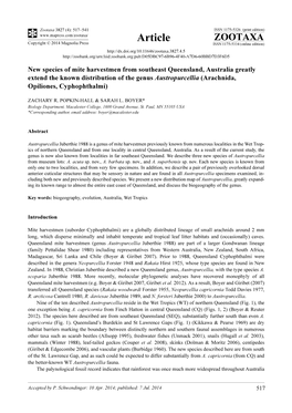 New Species of Mite Harvestmen from Southeast Queensland, Australia