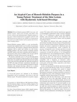 An Atypical Case of Henoch-Shönlein Purpura in a Young Patient: Treatment of the Skin Lesions with Hyaluronic Acid-Based Dressings