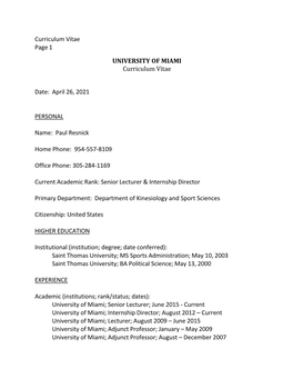 Curriculum Vitae Page 1