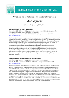Annotated List of Wetlands of International Importance Madagascar