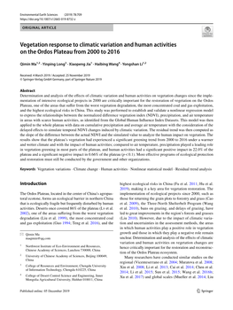 Vegetation Response to Climatic Variation and Human Activities on the Ordos Plateau from 2000 to 2016