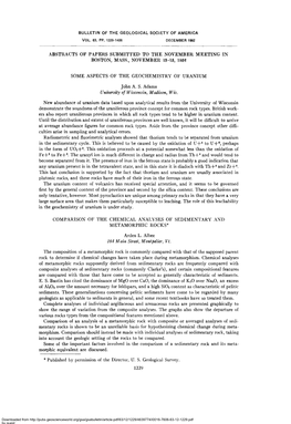 Bulletin of the Geological Society of America Vol. 63, Pp. 1229-1406 December 1952 Abstracts of Papers Submitted to the November