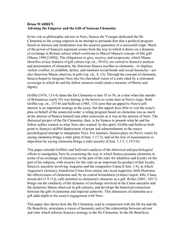 Brian WARREN Advising the Emperor and the Gift of Senecan Clementia in His Role As Philosophic Adviser to Nero, Seneca the Young