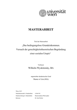 Das Bedingungslose Grundeinkommen. Versuch Der Gerechtigkeitstheoretischen Begründung Einer Sozialen Utopie“